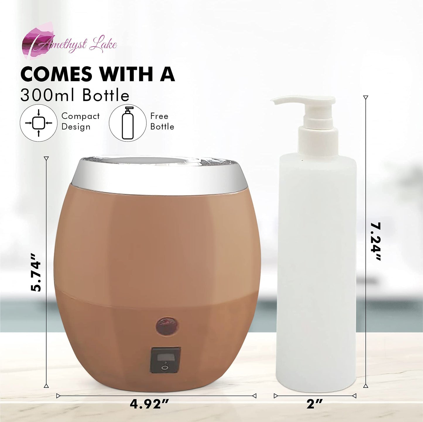 Aromatherapy diffuser with a 300ml bottle and its dimensions on a white background.