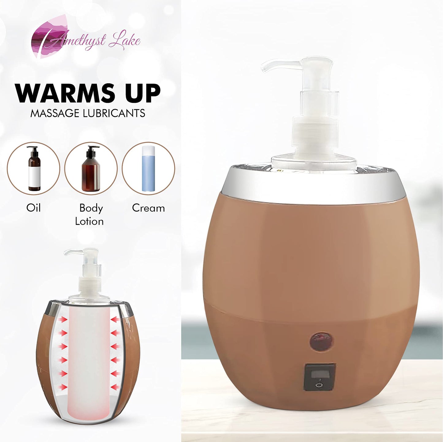 Massage lubricant warmer with product illustrations on a white background