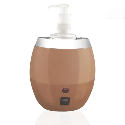 Brown soap dispenser with pump on a white background