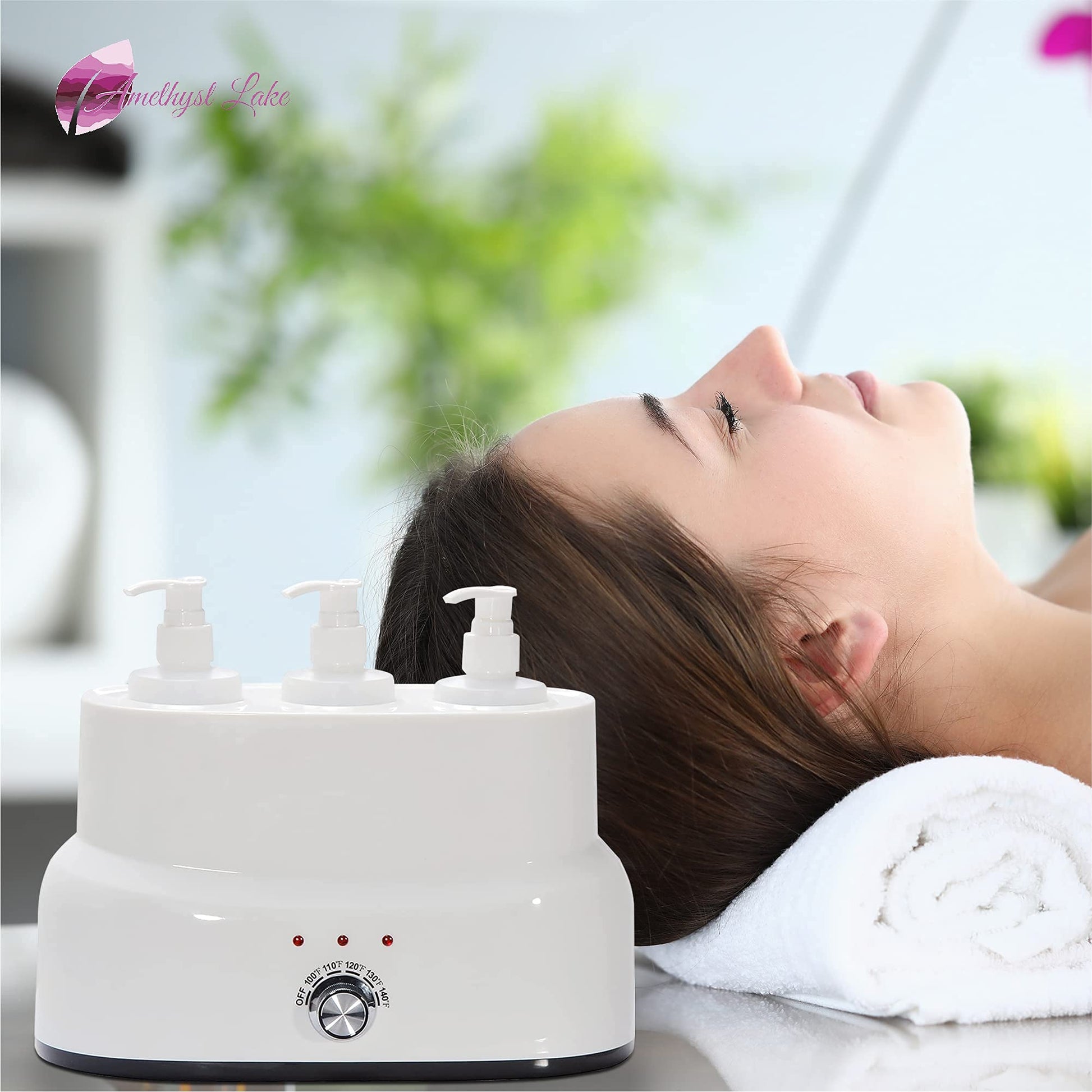 Woman receiving a facial treatment with a white device on a blurred background