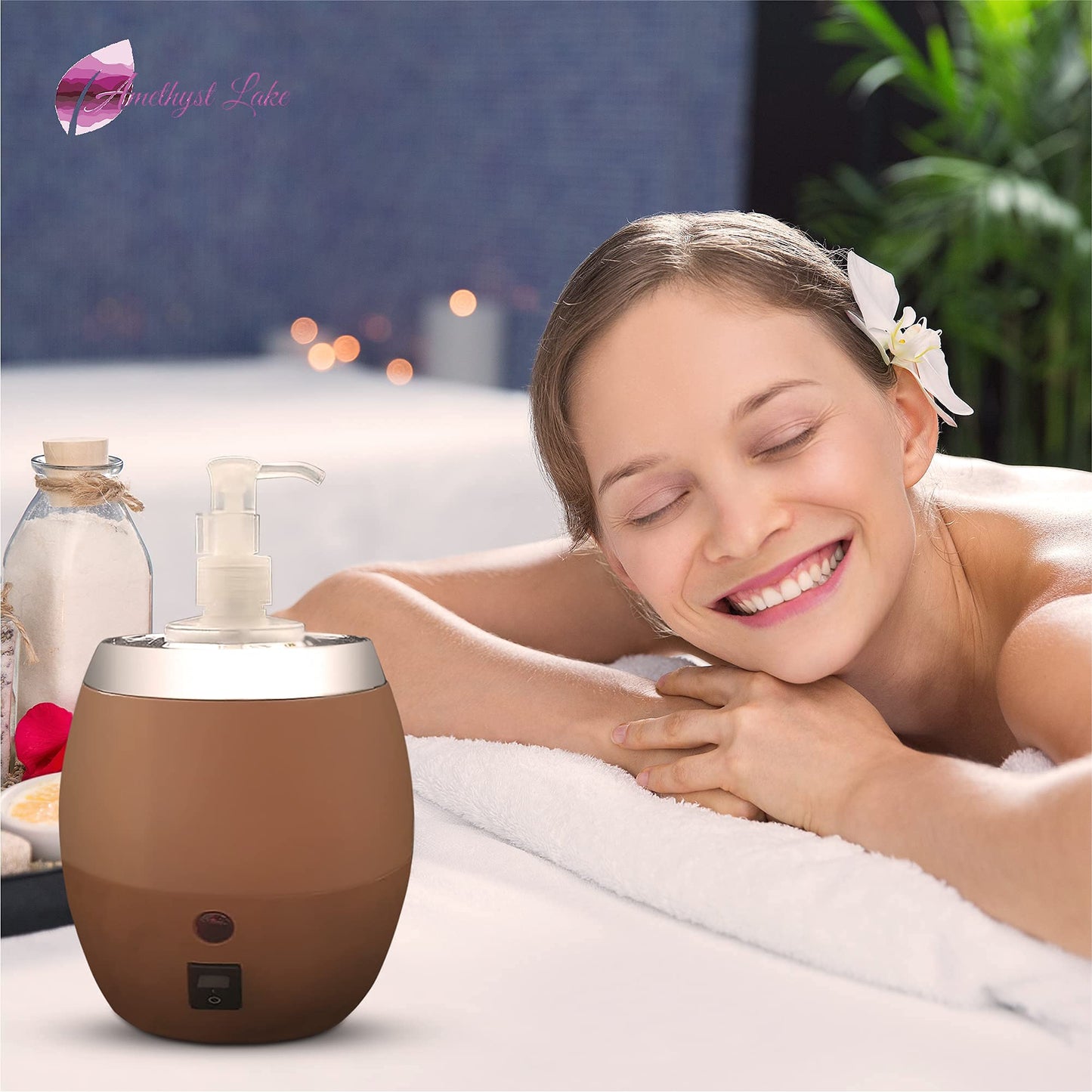 Woman relaxing in a bath with a brown diffuser next to her