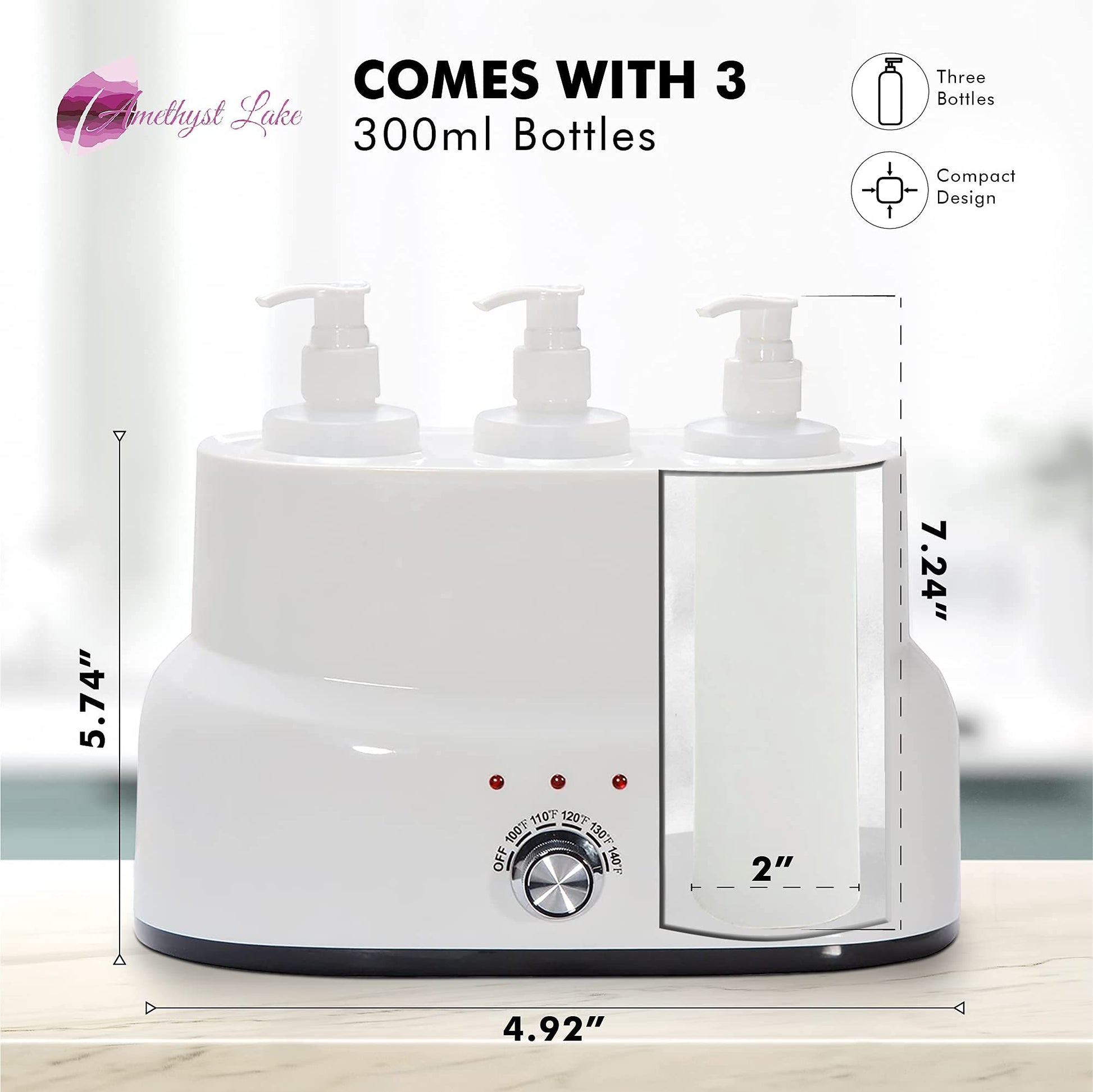 White dispenser with three 300ml bottles labeled 'Amethyst Lake', dimensions, and product features.
