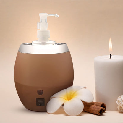 Brown diffuser with white pump, white candle, and white flower on beige background