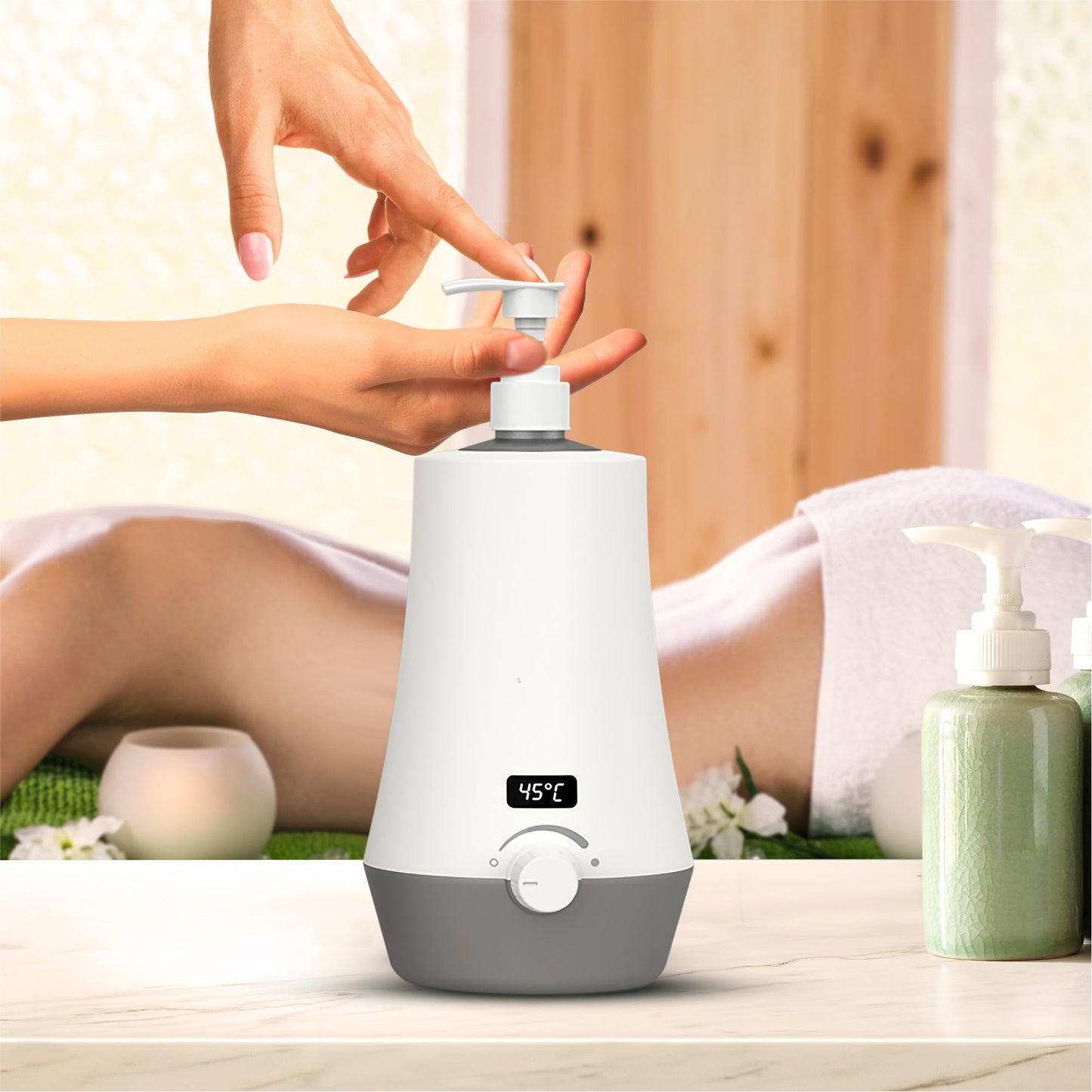 Hand using a white and gray electronic hand sanitizer dispenser with digital display on a wooden surface.