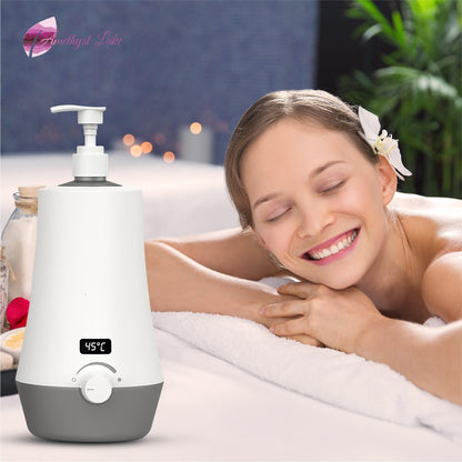Woman lying in a bathtub with a digital temperature display device next to her.