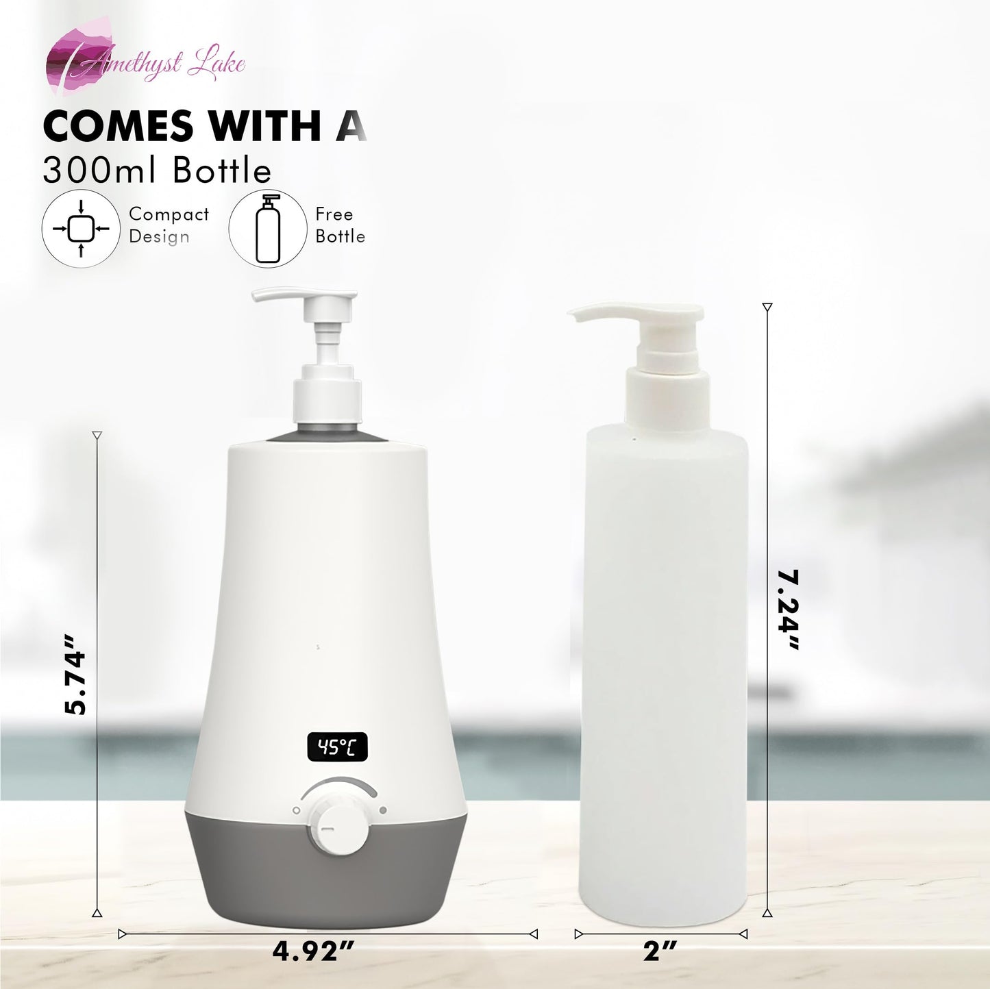 White electronic device with pump and digital display, labeled with dimensions and features.