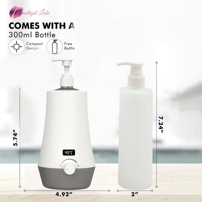 White electronic device with pump and digital display, labeled with dimensions and features.