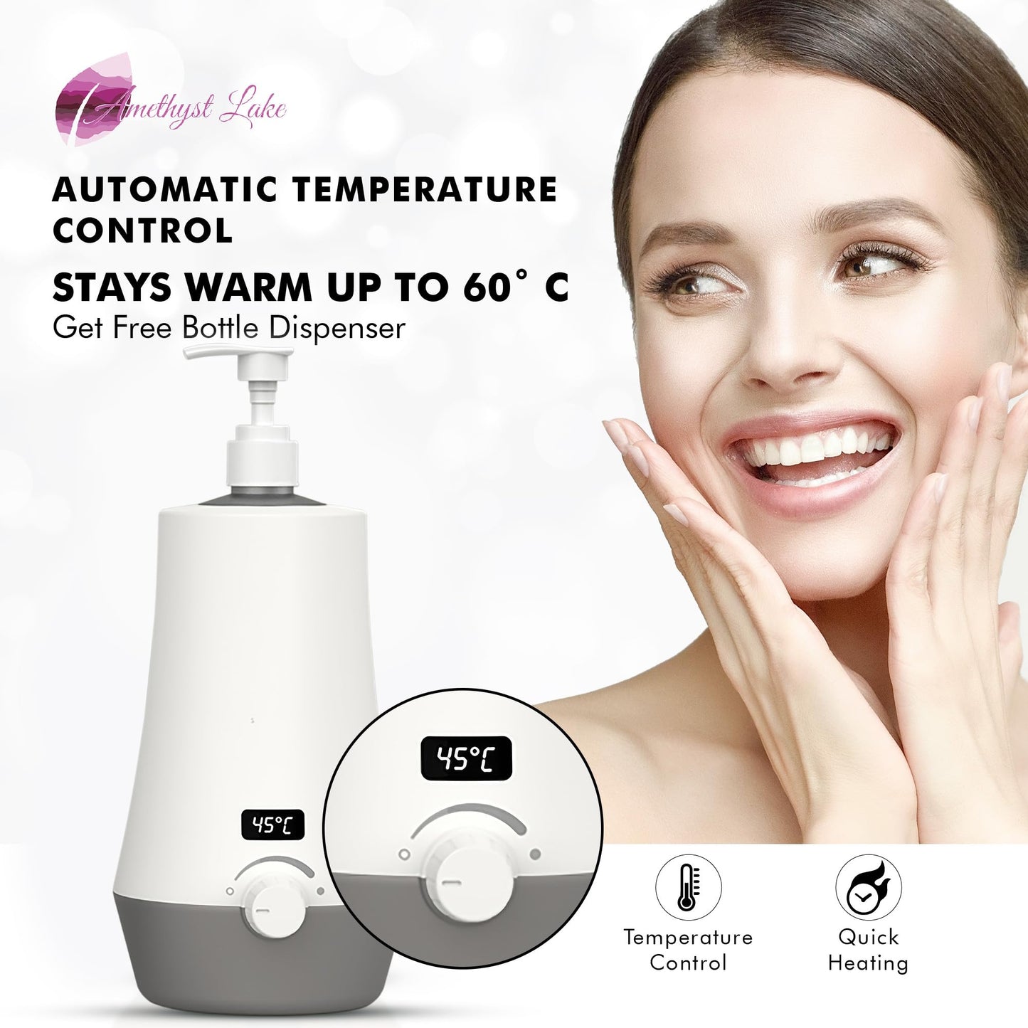 Bottle warmer with digital display and woman touching her face, brand 'Bouthyst Lake' visible