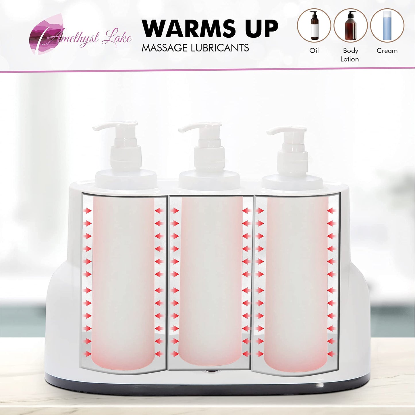 Three pump bottles of massage lubricants with a display stand on a white background.