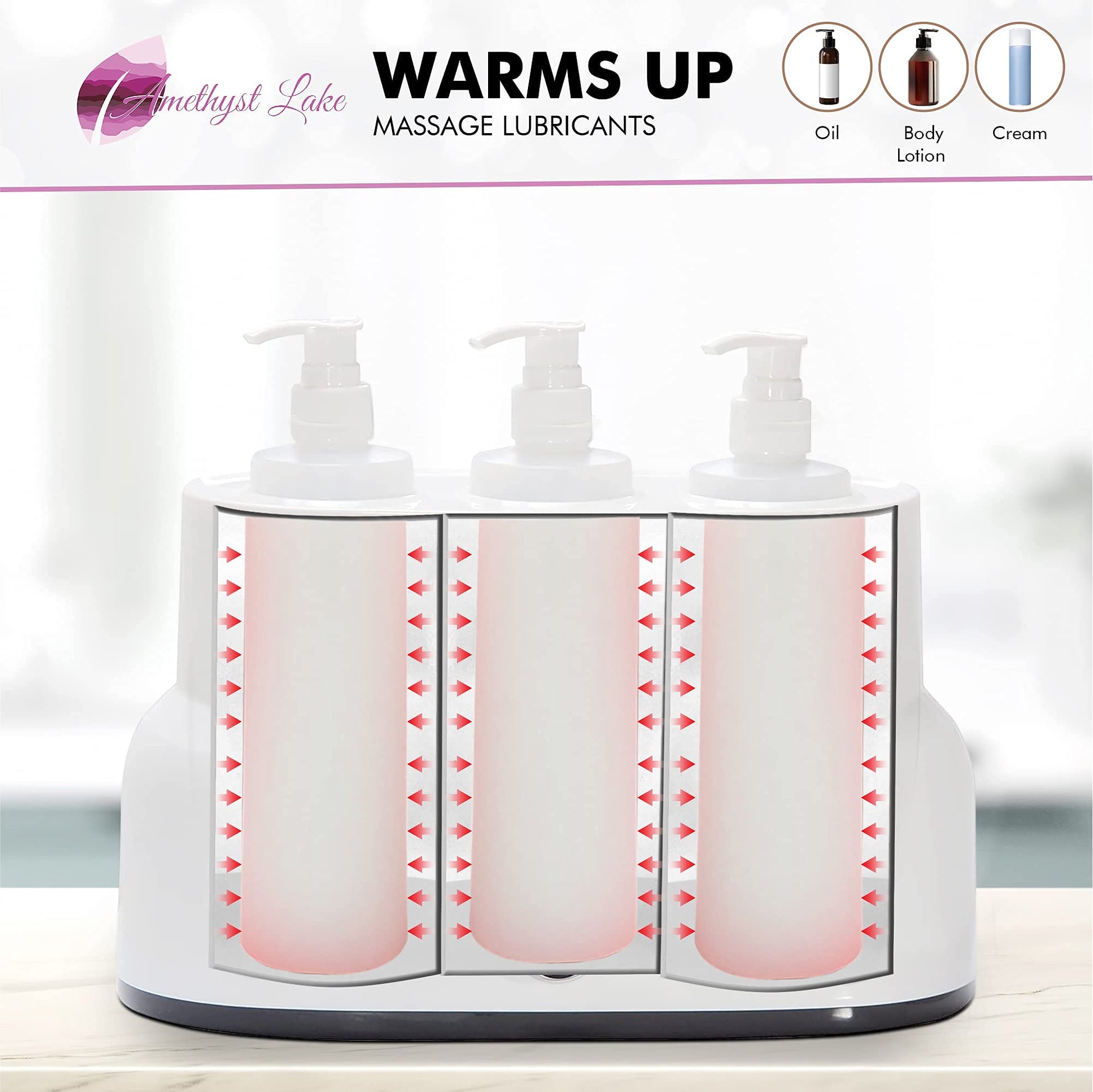 Three pump bottles of massage lubricants with a display stand on a white background.
