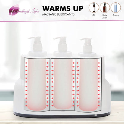 Three pump bottles of massage lubricants with a display stand on a white background.