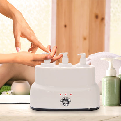 White dispenser with multiple pump bottles on a wooden surface, with a blurred background.