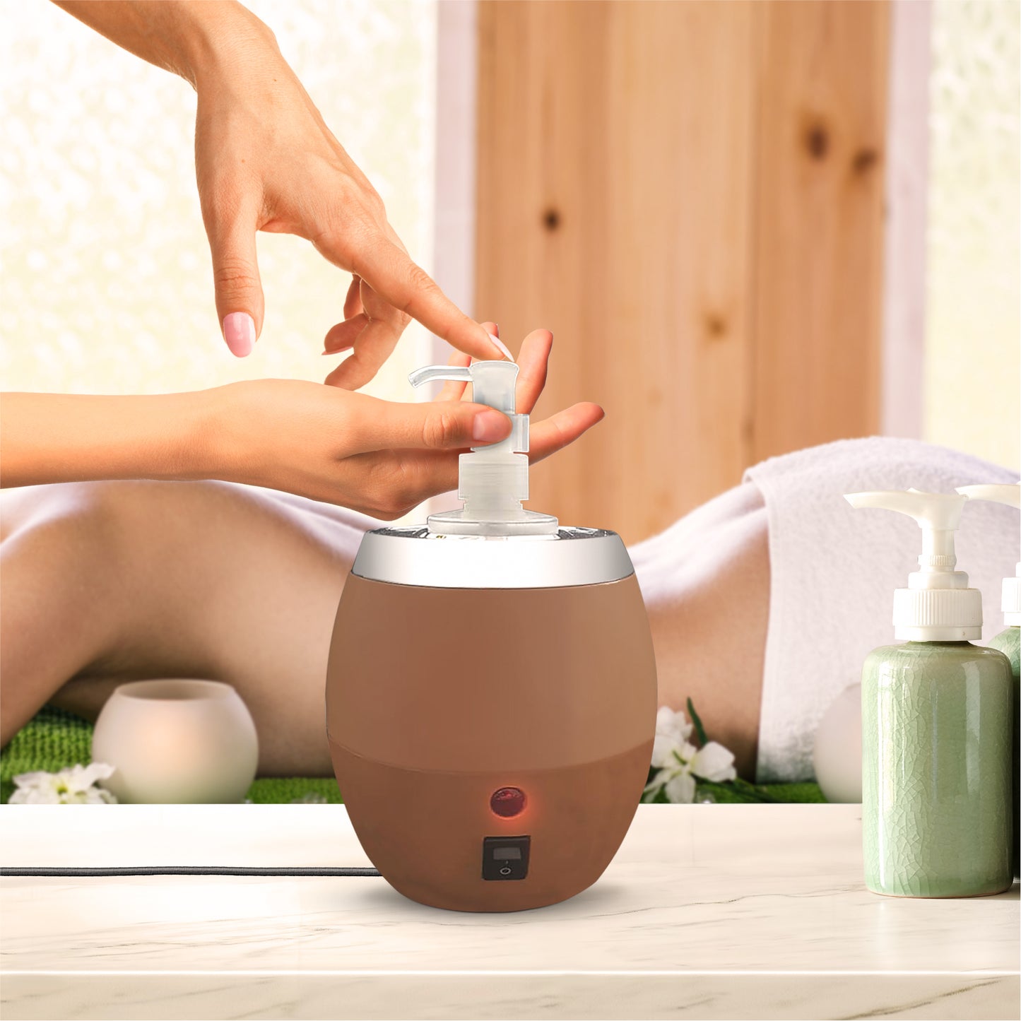 Hand applying lotion to another hand with a brown and white bottle in the foreground.