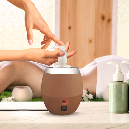 Hand applying lotion to another hand with a brown and white bottle in the foreground.