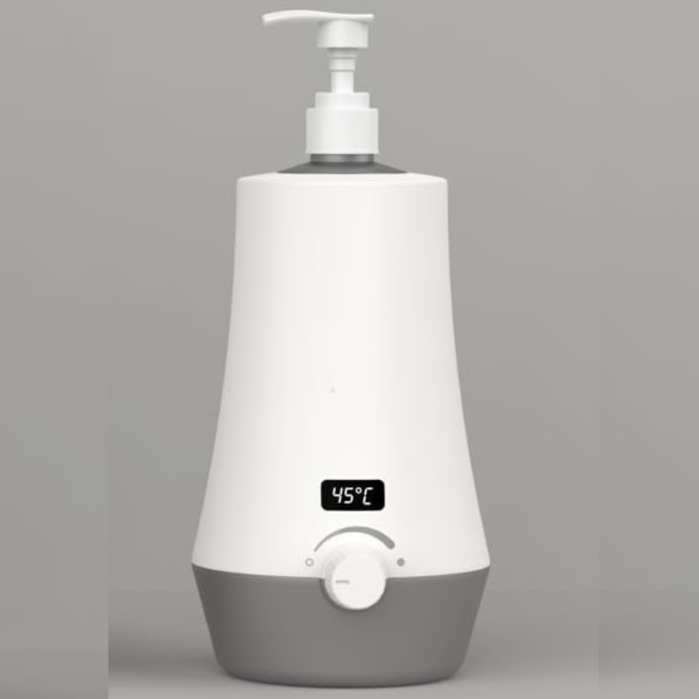 White and gray bottle with digital temperature display on a gray background