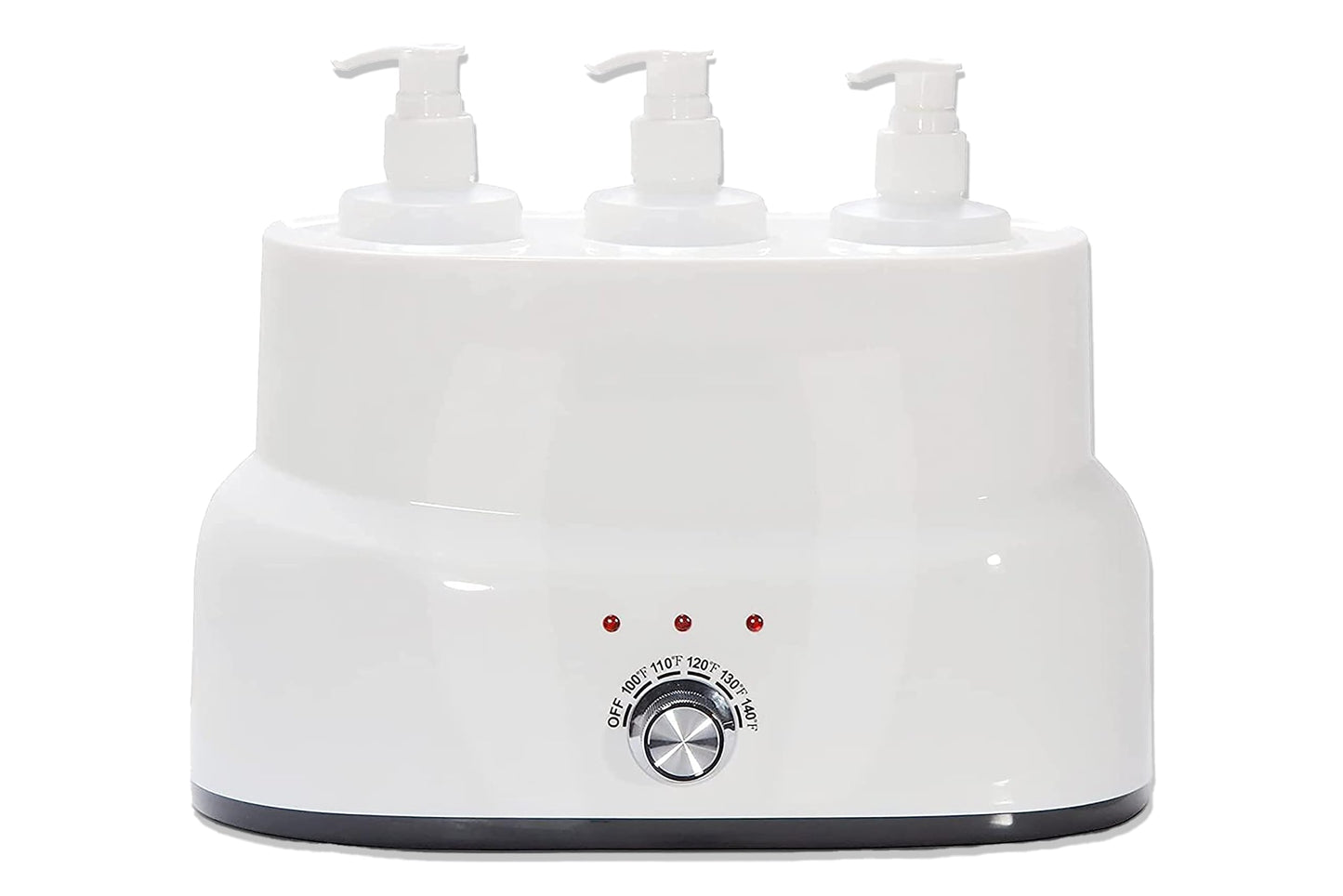 White electric hot water bottle with three pump bottles on a white background