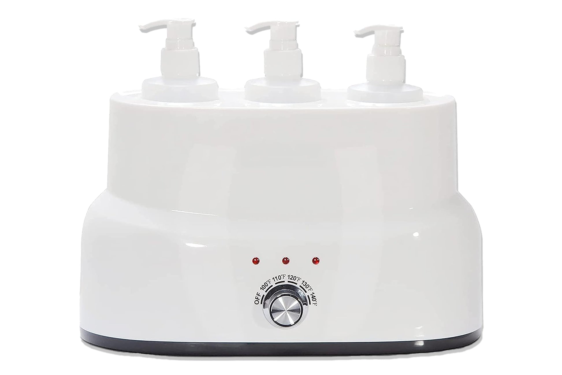 White electric hot water bottle with three pump bottles on a white background