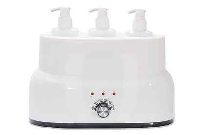White electric hot water bottle with three pump bottles on a white background