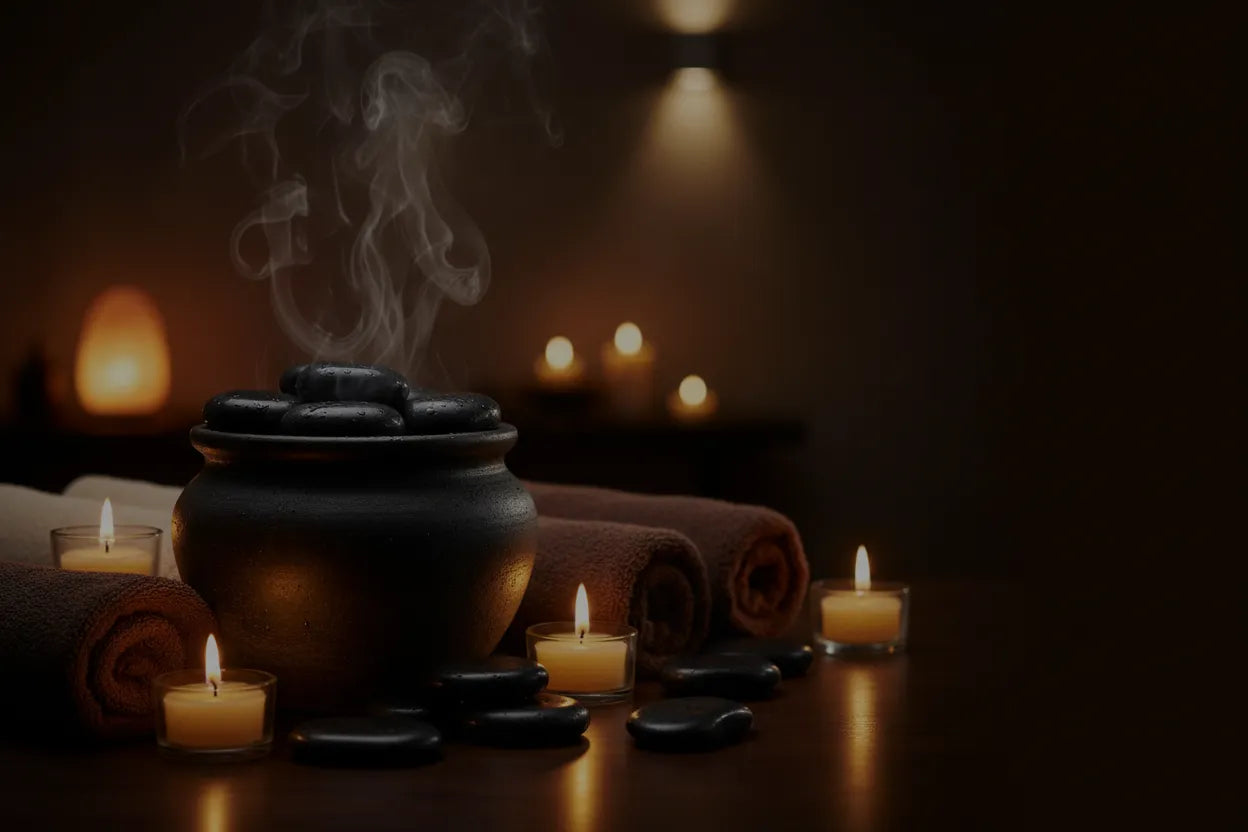 Aromatherapy setup with Black hot stone set for pregnancy massage, smooth basalt stones 